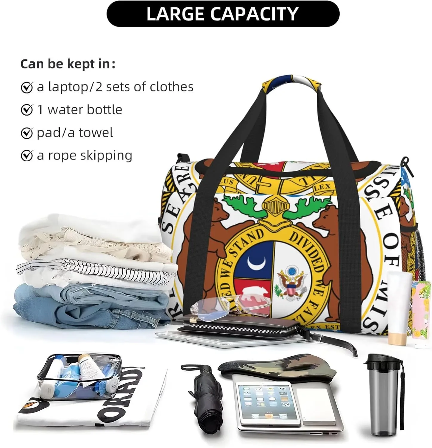 National Emblem Of Missouri Travel Duffel Bag Large Foldable Waterproof Overnight Bag For Beach Swim Bags Pool Sports Gym