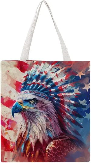 Native U.S.A Eagle Novelty Tote Bag Canvas Shoulder Bag Reusable Grocery Shopping Bag Funny Handbag Printed