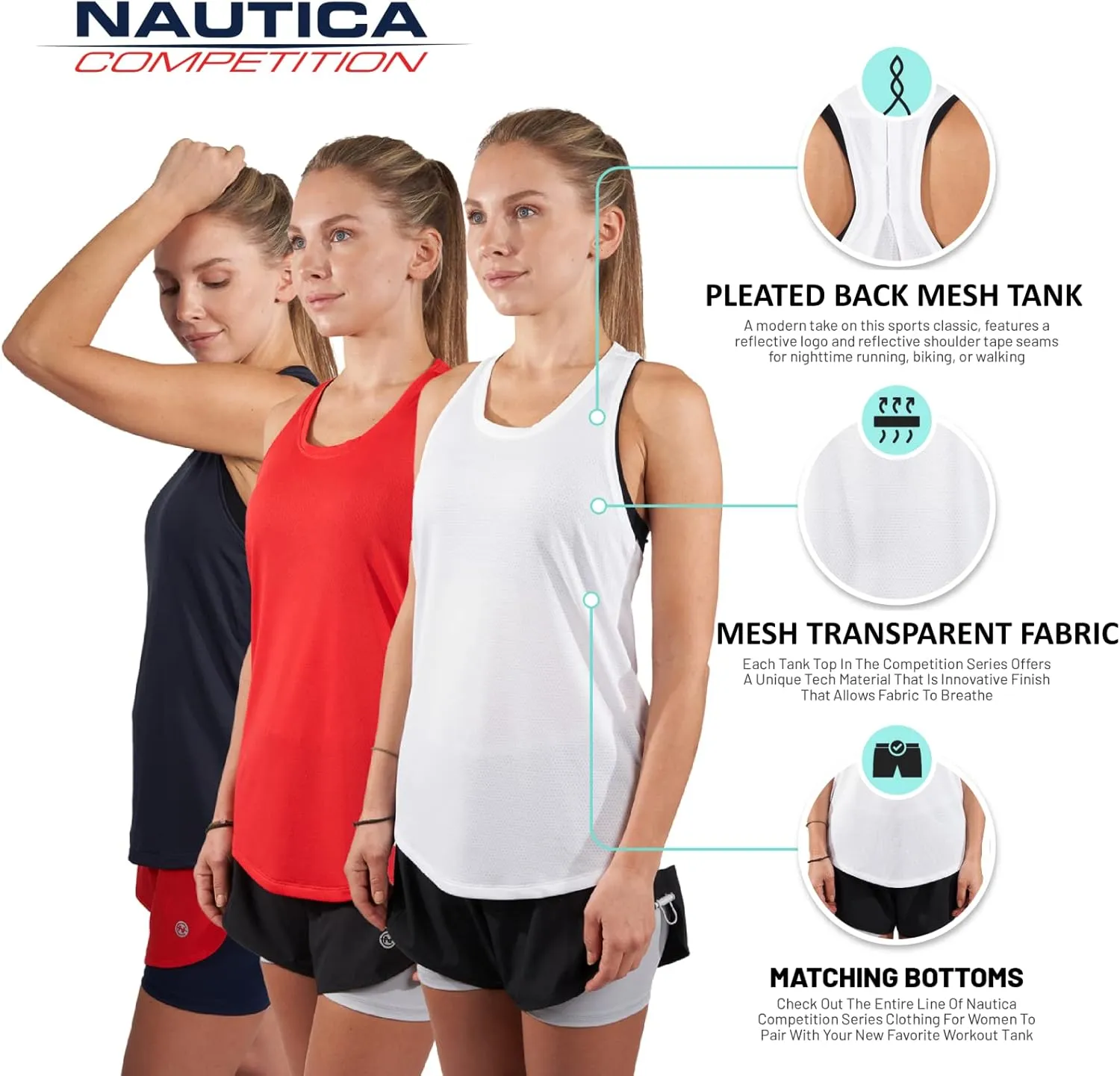 Nautica Competition 3 Pack Workout Tank Tops for Women Active Athletic Gym Workout Running Exercise Yoga Dry-Fit Fabric