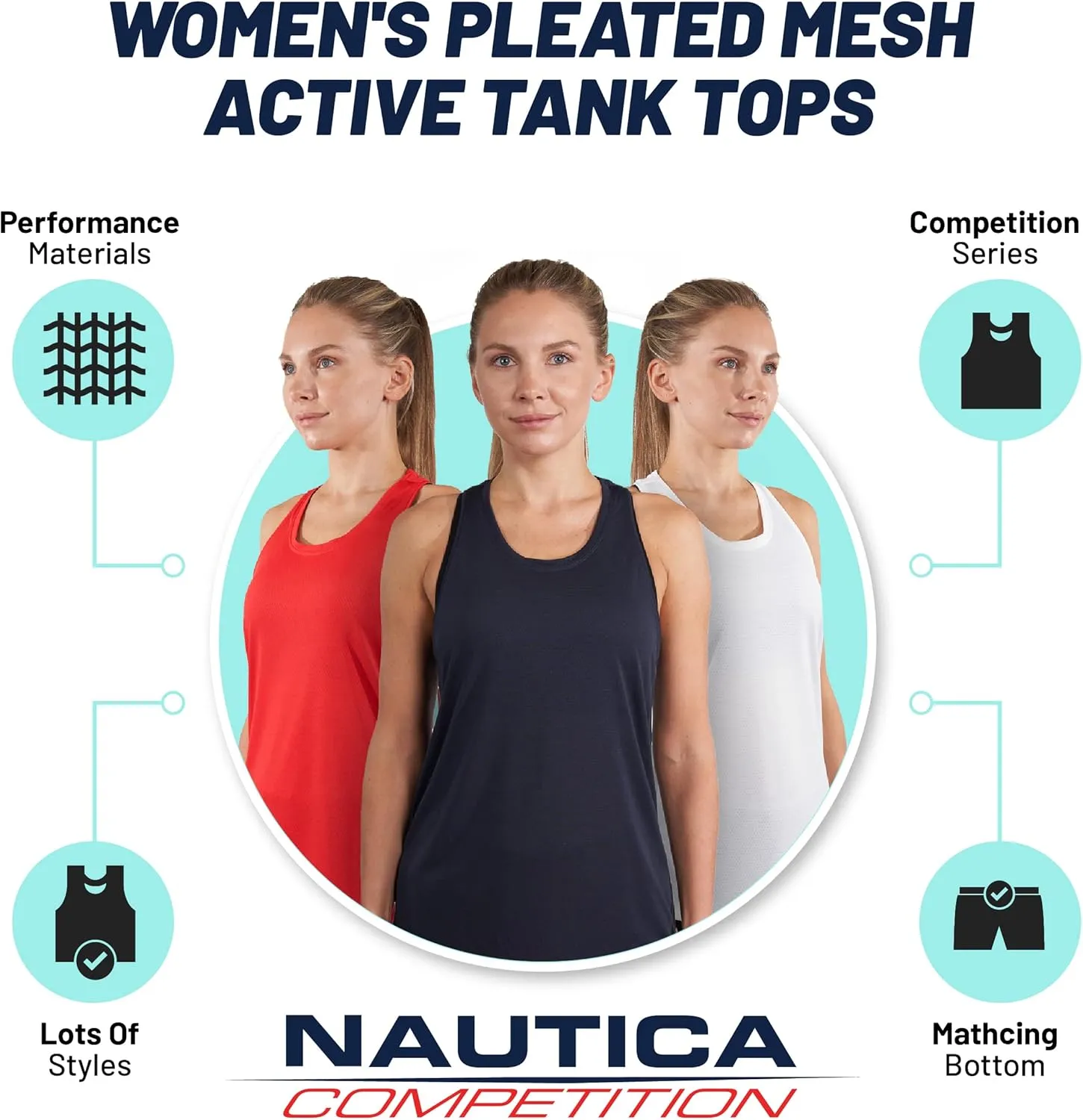 Nautica Competition 3 Pack Workout Tank Tops for Women Active Athletic Gym Workout Running Exercise Yoga Dry-Fit Fabric