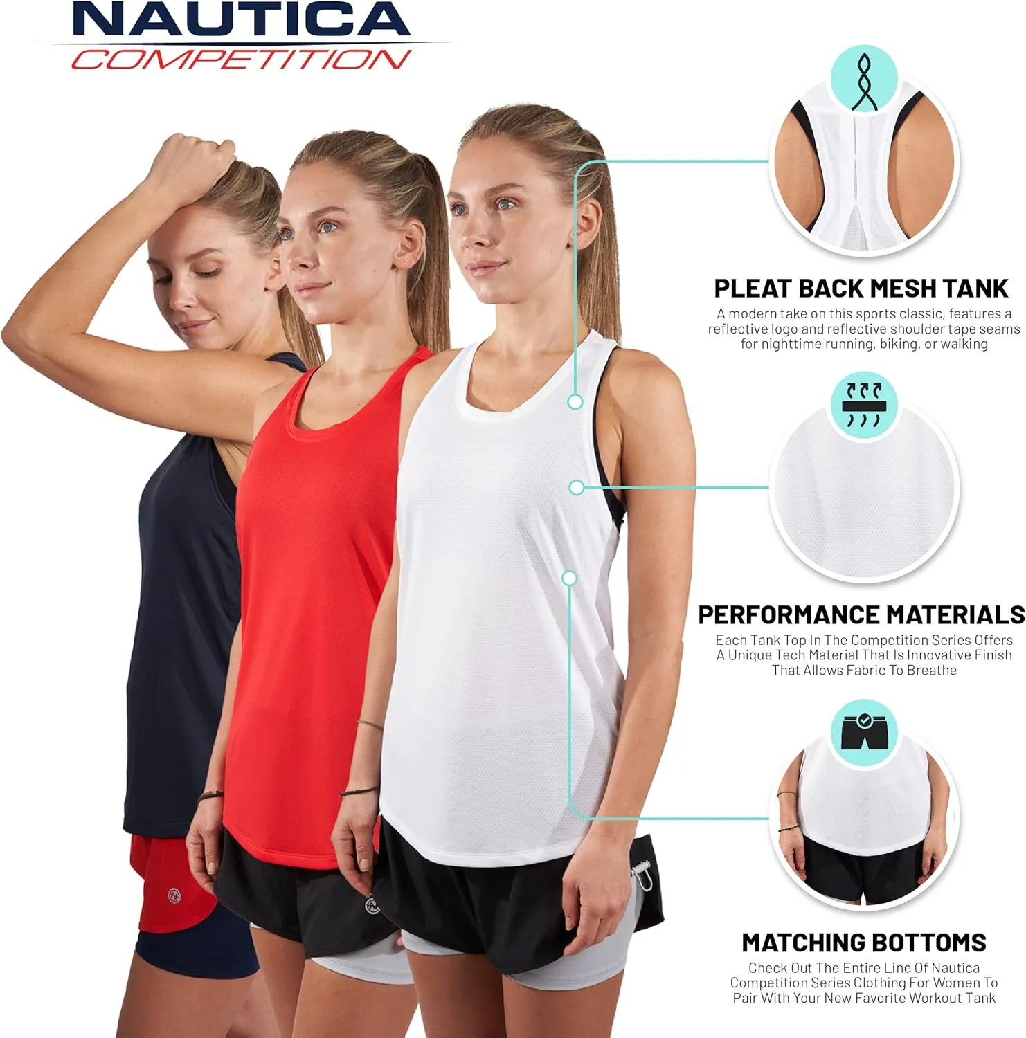 Nautica Competition 3 Pack Workout Tank Tops for Women Active Athletic Gym Workout Running Exercise Yoga Dry-Fit Fabric