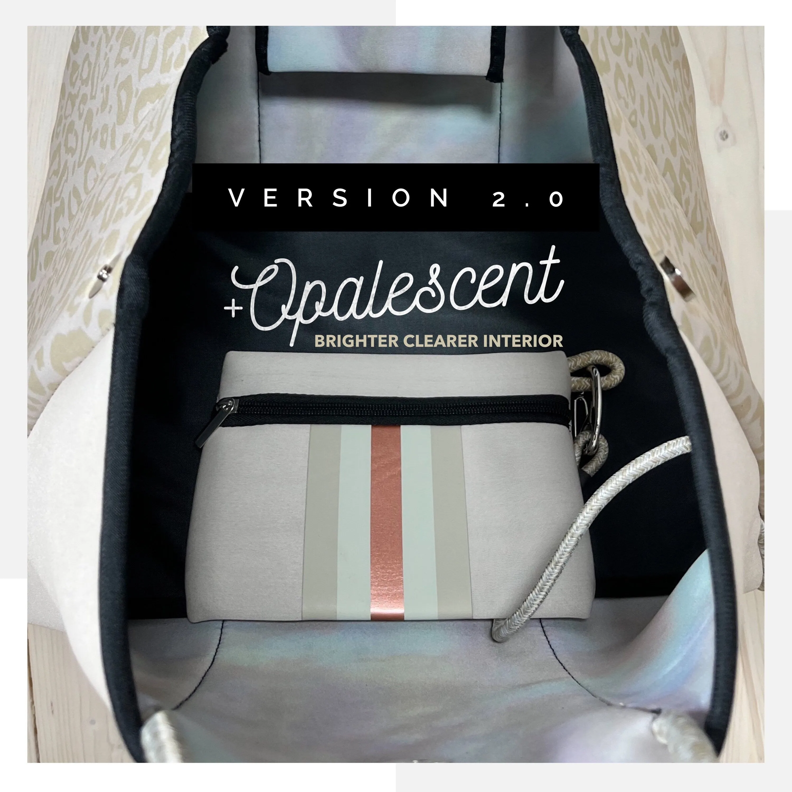NEOPRENE Tote © Opal Leopard Rose 2.0 waterproof cream bag   metallic rose gold racing stripes > bridal baby shower birthday graduation gift