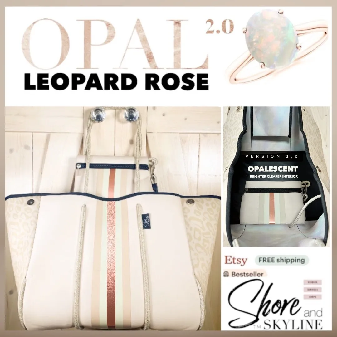 NEOPRENE Tote © Opal Leopard Rose 2.0 waterproof cream bag   metallic rose gold racing stripes > bridal baby shower birthday graduation gift