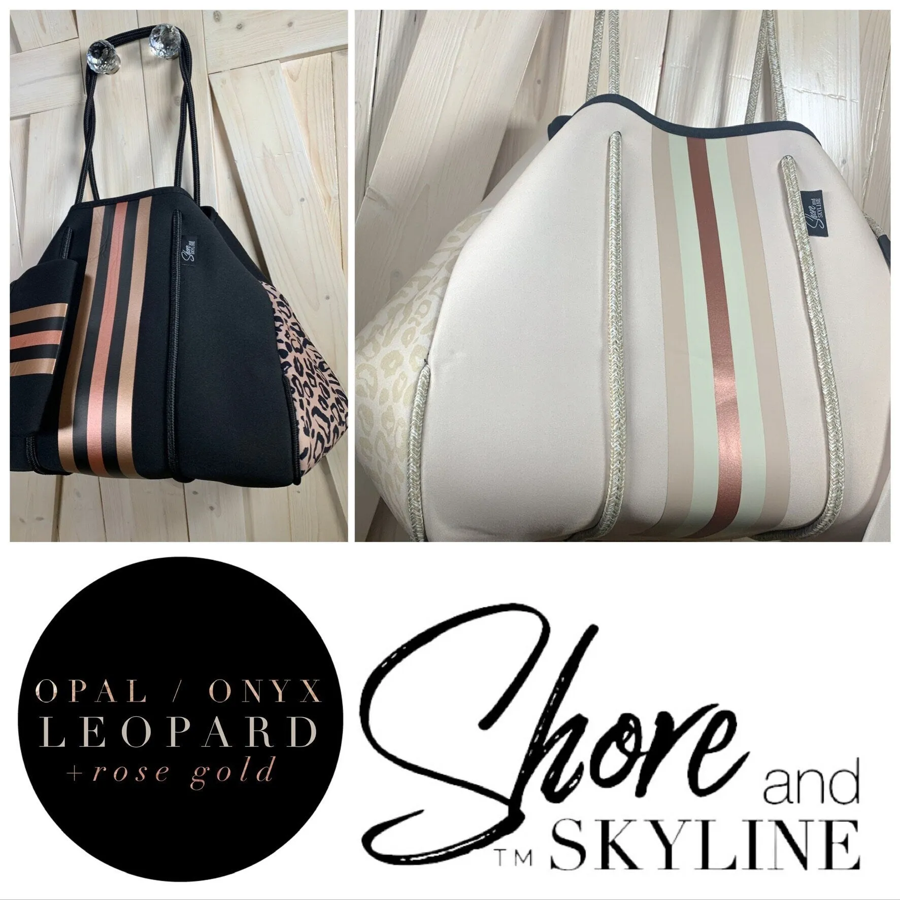 NEOPRENE Tote © Opal Leopard Rose 2.0 waterproof cream bag   metallic rose gold racing stripes > bridal baby shower birthday graduation gift