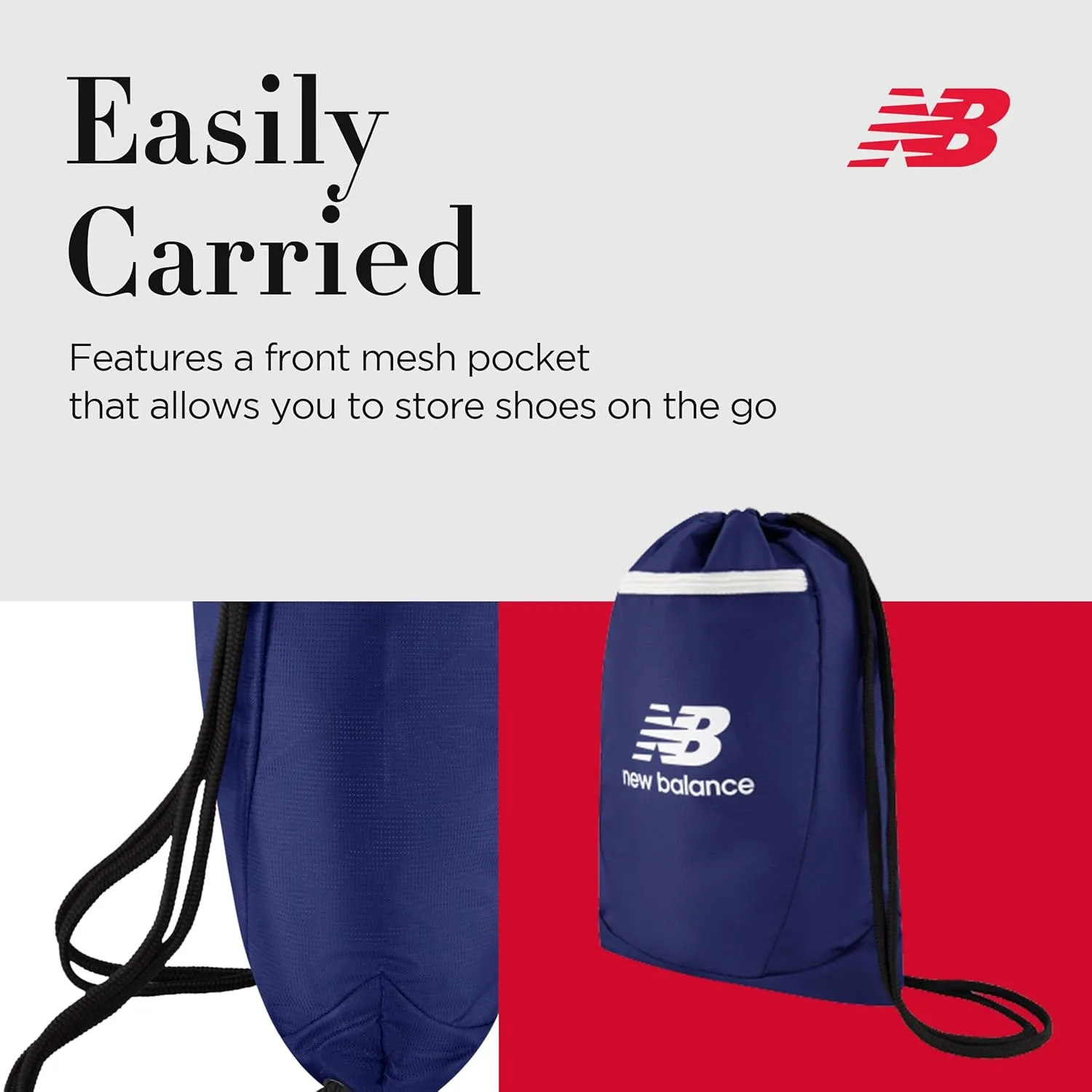 New Balance Drawstring Backpack, Small Gym Travel Bag with Front Zip Pocket, Sports Cinch Sack for Men and Women, Navy, 17.5 Inch