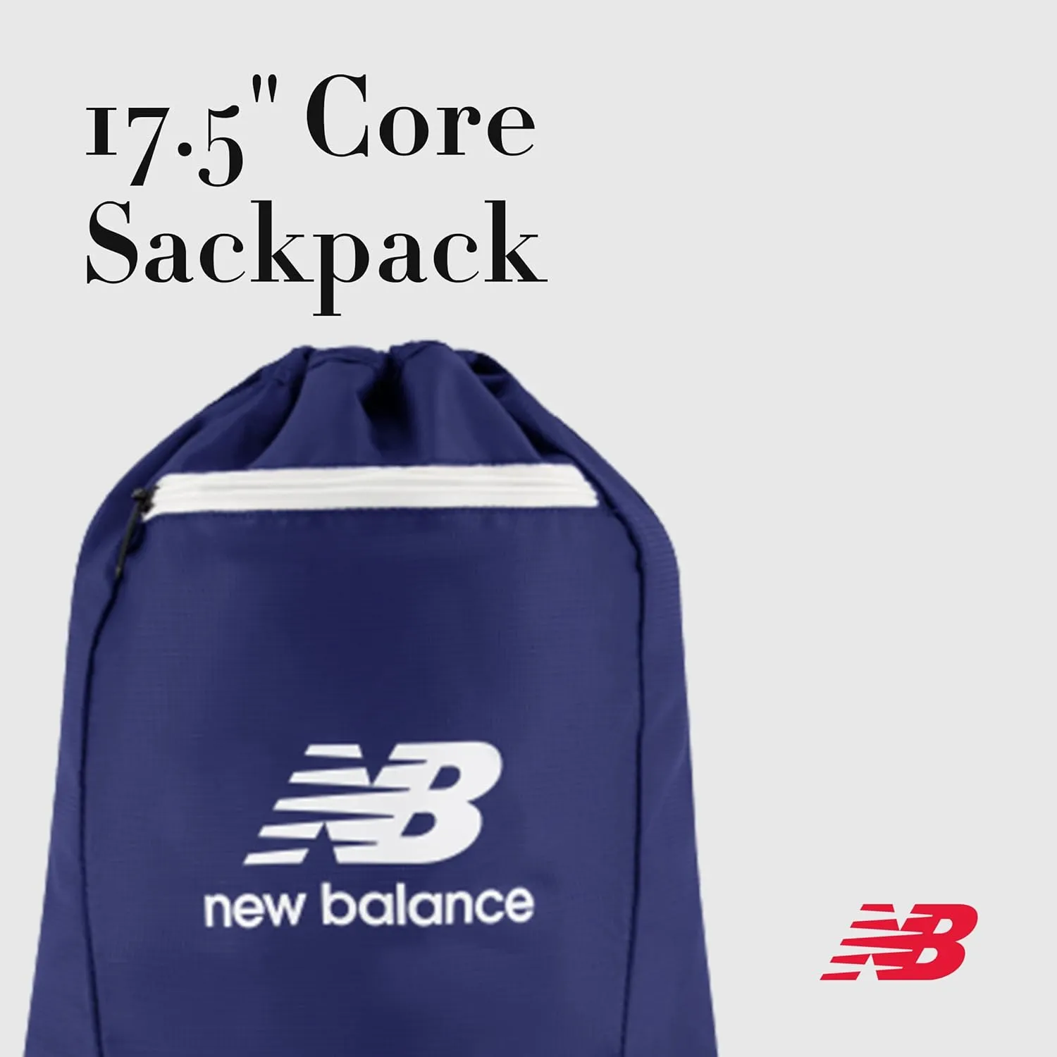 New Balance Drawstring Backpack, Small Gym Travel Bag with Front Zip Pocket, Sports Cinch Sack for Men and Women, Navy, 17.5 Inch