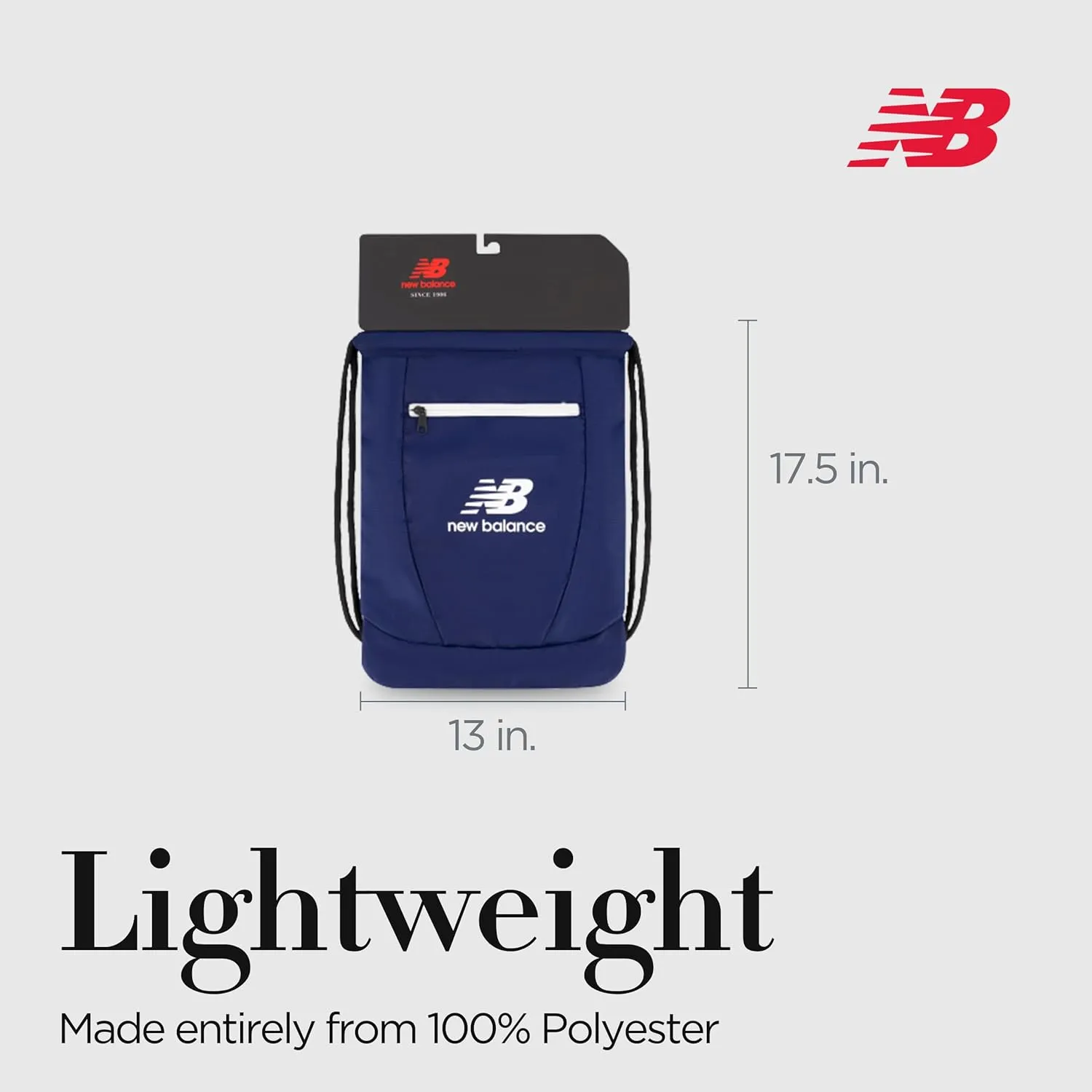 New Balance Drawstring Backpack, Small Gym Travel Bag with Front Zip Pocket, Sports Cinch Sack for Men and Women, Navy, 17.5 Inch