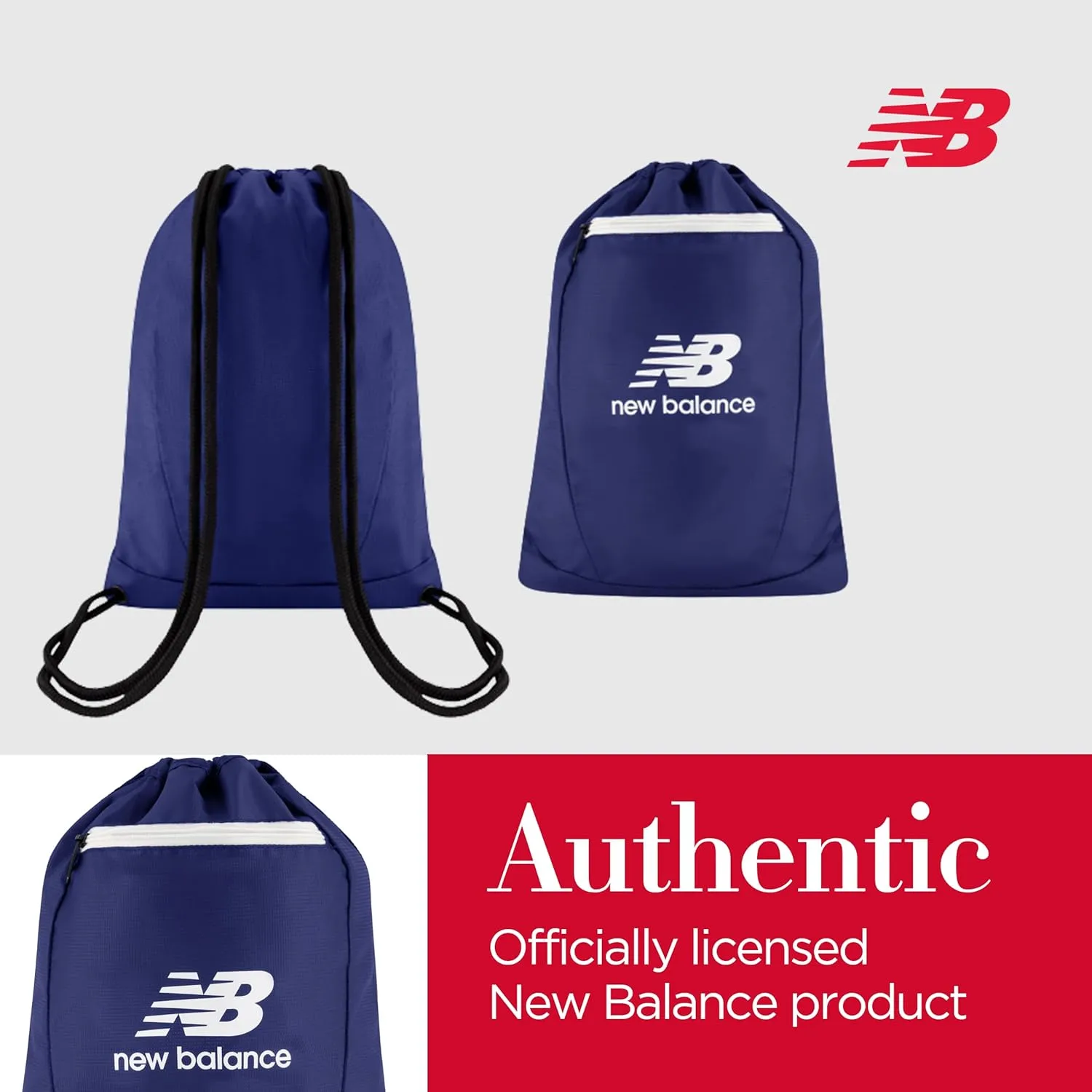 New Balance Drawstring Backpack, Small Gym Travel Bag with Front Zip Pocket, Sports Cinch Sack for Men and Women, Navy, 17.5 Inch