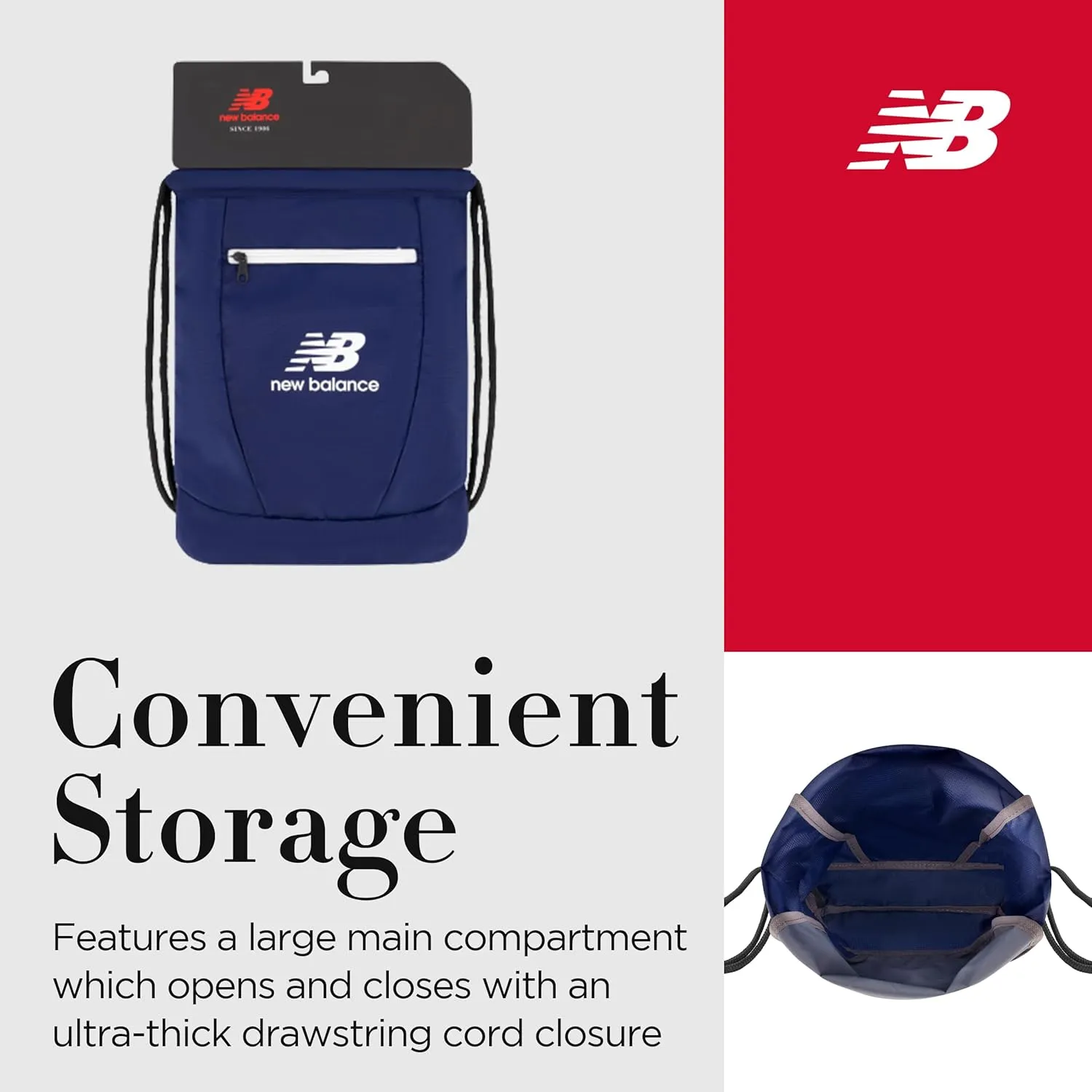 New Balance Drawstring Backpack, Small Gym Travel Bag with Front Zip Pocket, Sports Cinch Sack for Men and Women, Navy, 17.5 Inch
