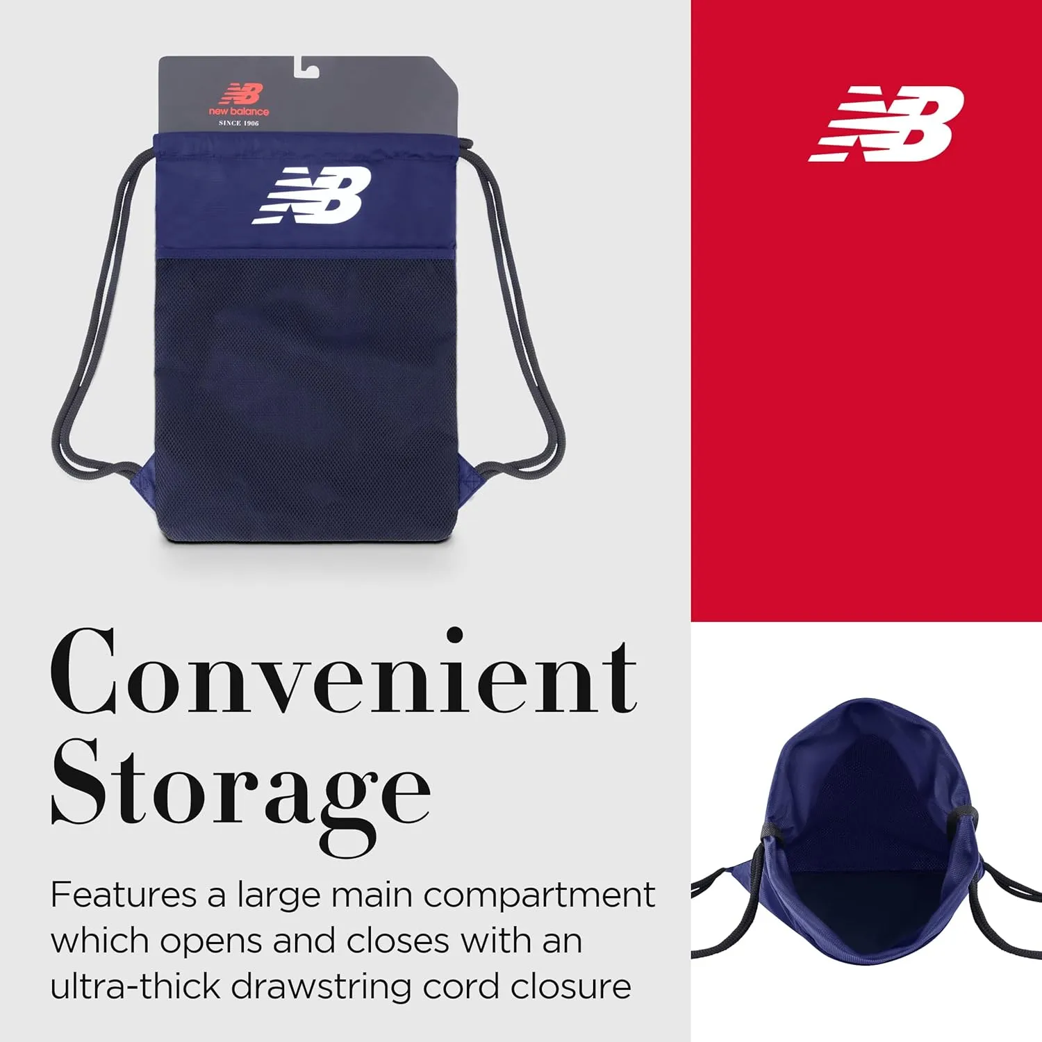New Balance Drawstring Backpack, Sports Cinch Gym Bag with Shoe Compartment, Navy, 17.5 Inch