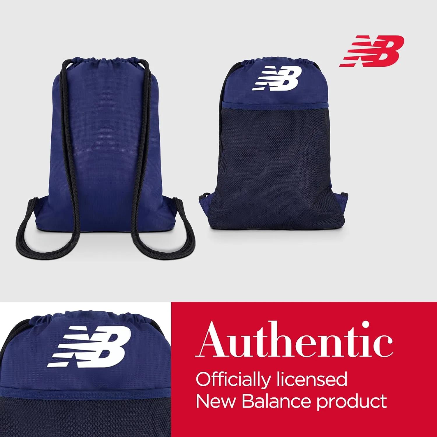 New Balance Drawstring Backpack, Sports Cinch Gym Bag with Shoe Compartment, Navy, 17.5 Inch