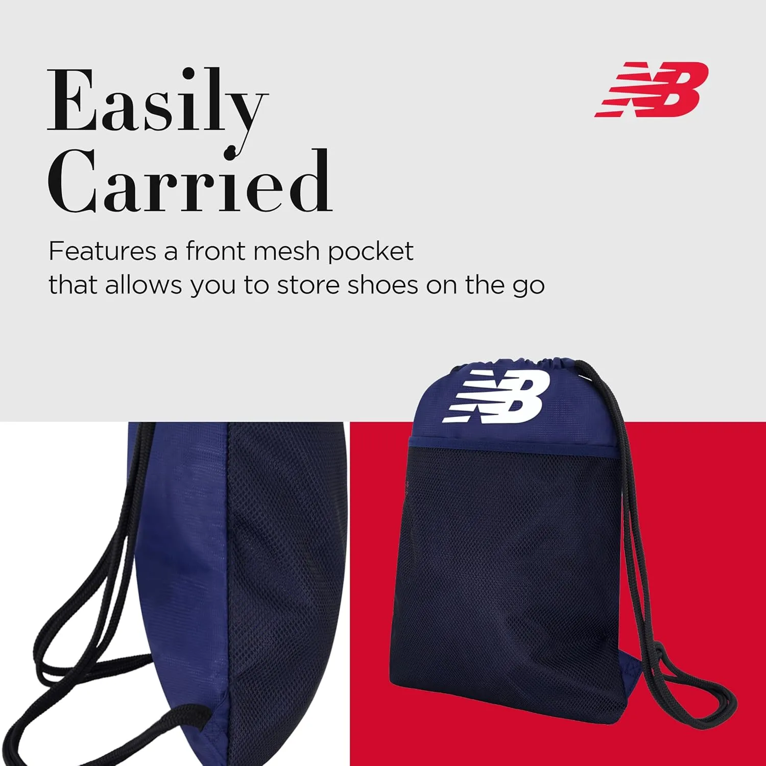 New Balance Drawstring Backpack, Sports Cinch Gym Bag with Shoe Compartment, Navy, 17.5 Inch