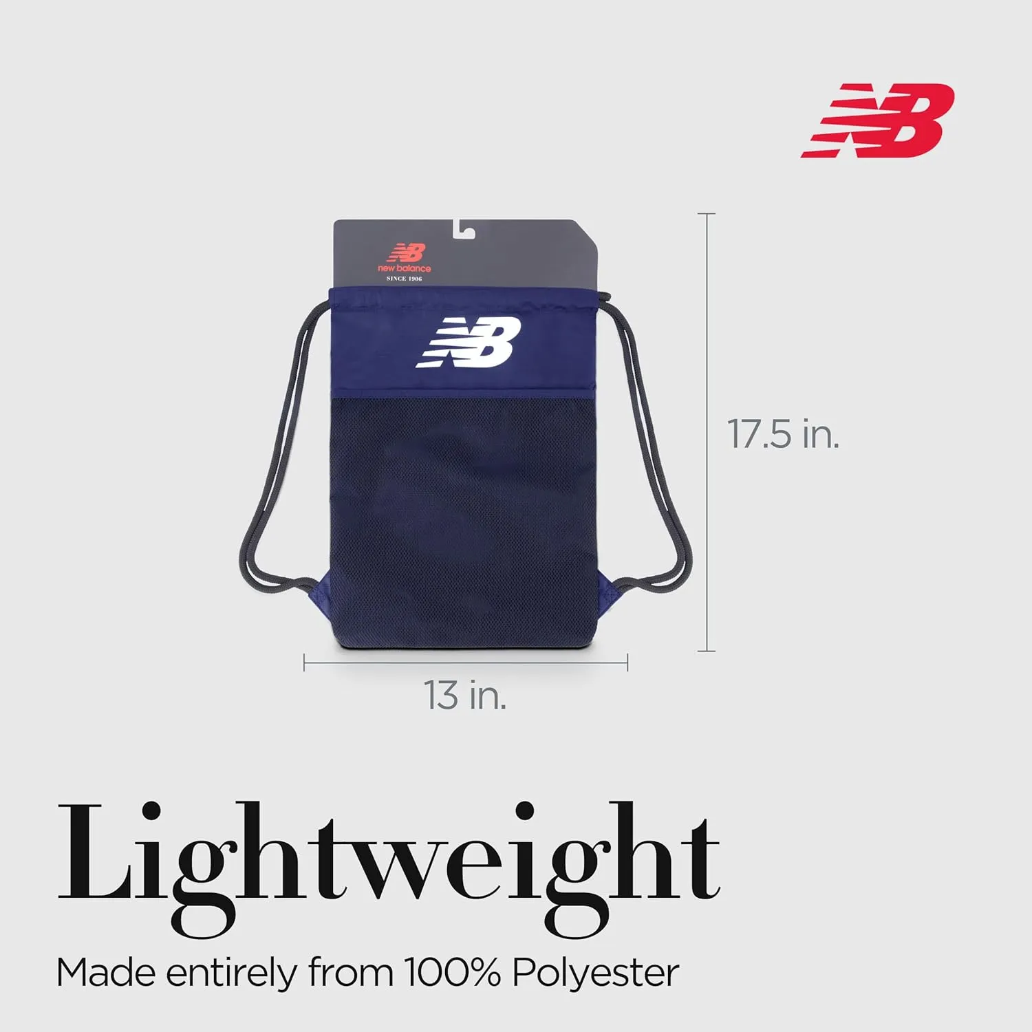 New Balance Drawstring Backpack, Sports Cinch Gym Bag with Shoe Compartment, Navy, 17.5 Inch