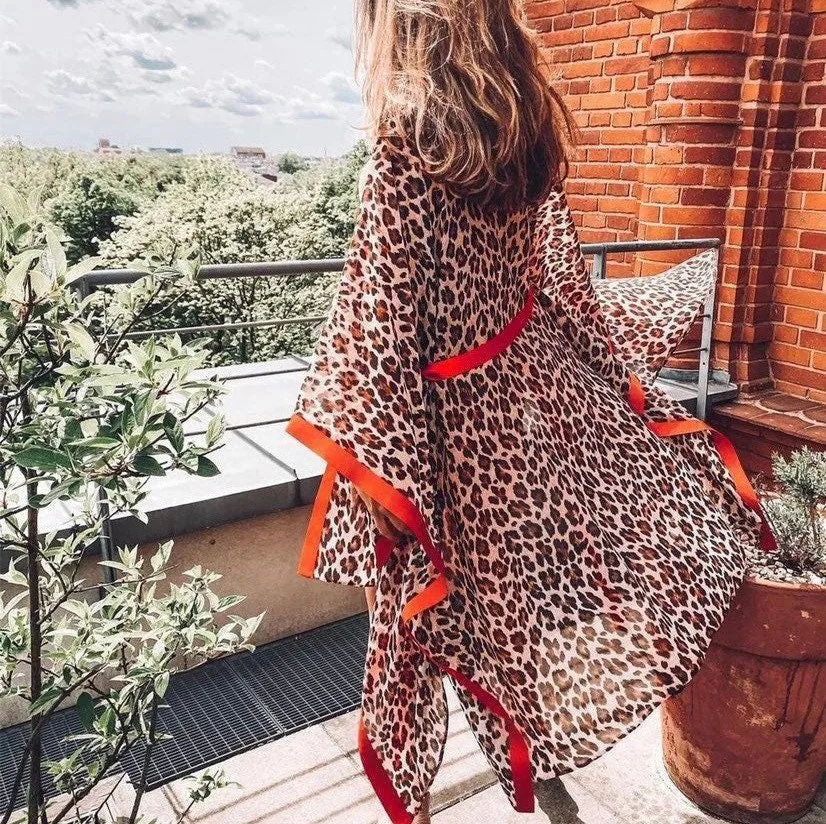 new subSahara Leopard Zest kimono / lounge wrap / beach cover-up beige khaki orange animal print