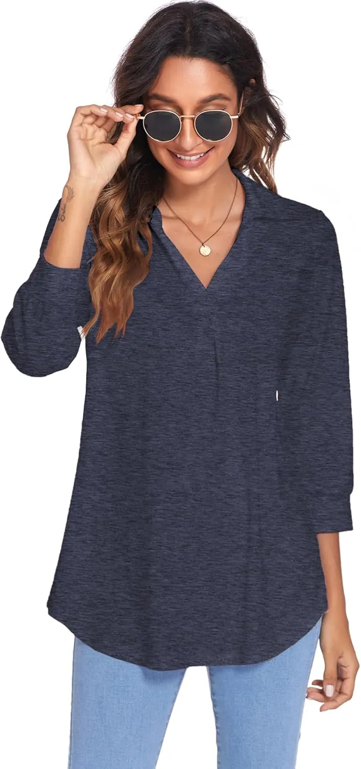Newchoice Womens Collared V Neck 3/4 Sleeve Shirts Business Casual Tops Loose Work Blouses (S-3XL)