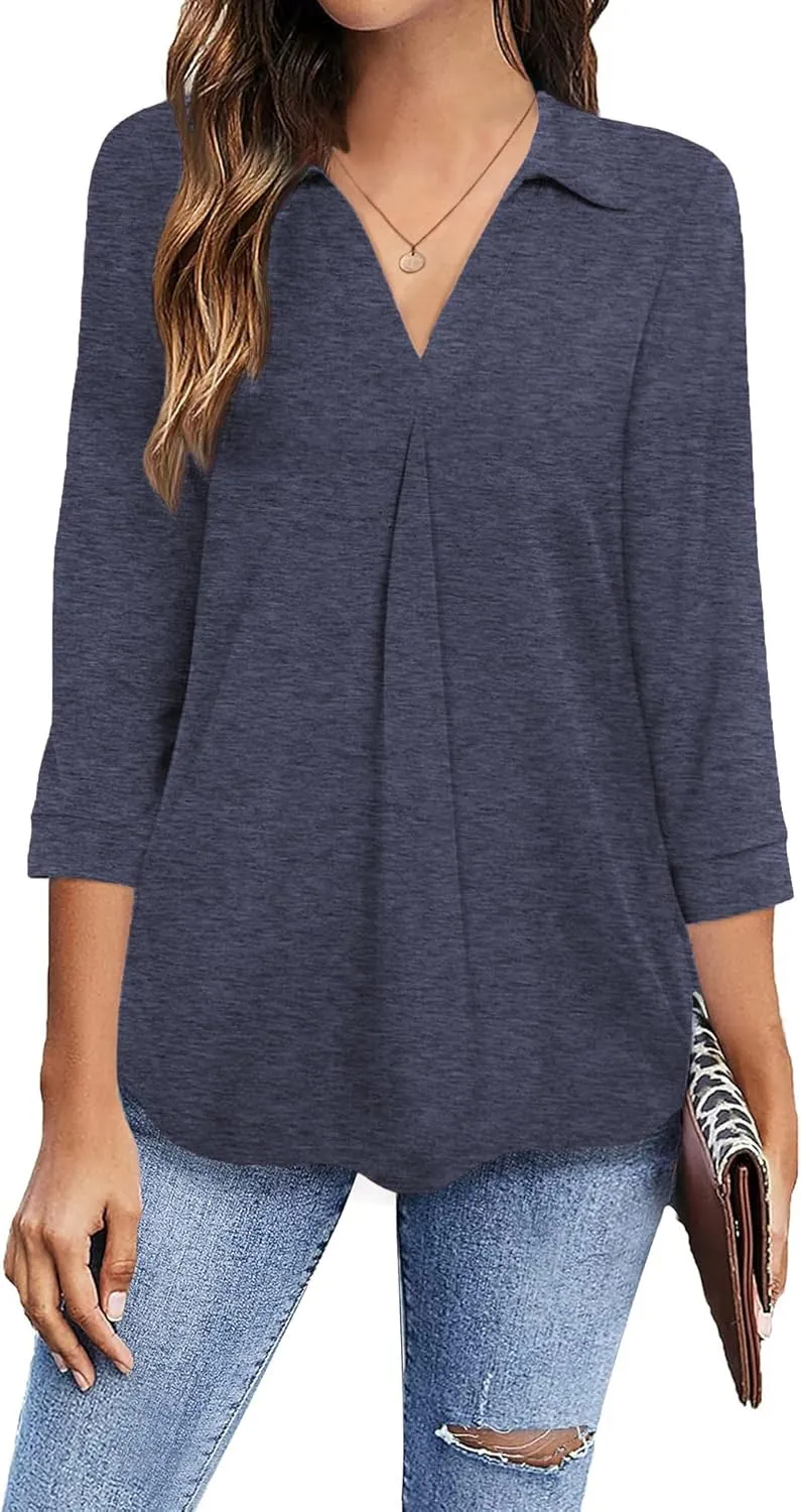 Newchoice Womens Collared V Neck 3/4 Sleeve Shirts Business Casual Tops Loose Work Blouses (S-3XL)