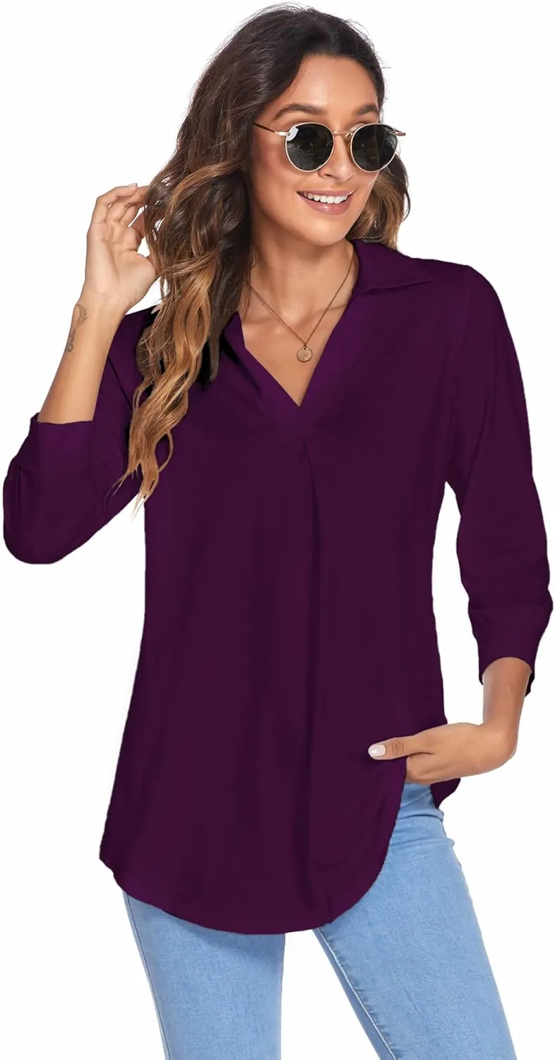 Newchoice Womens Collared V Neck 3/4 Sleeve Shirts Business Casual Tops Loose Work Blouses (S-3XL)