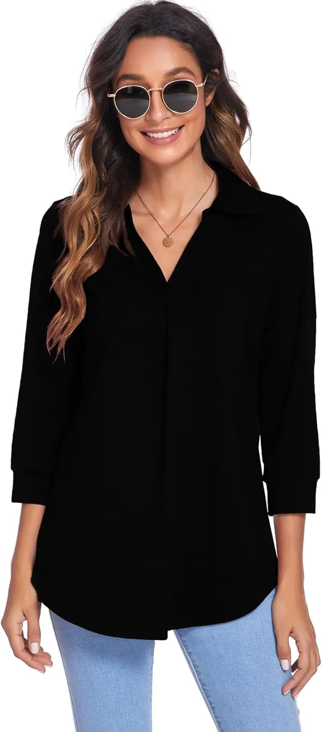 Newchoice Womens Collared V Neck 3/4 Sleeve Shirts Business Casual Tops Loose Work Blouses (S-3XL)