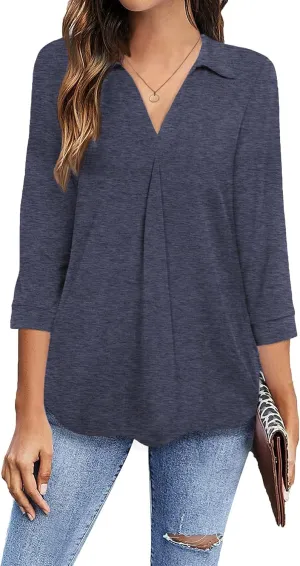 Newchoice Womens Collared V Neck 3/4 Sleeve Shirts Business Casual Tops Loose Work Blouses (S-3XL)