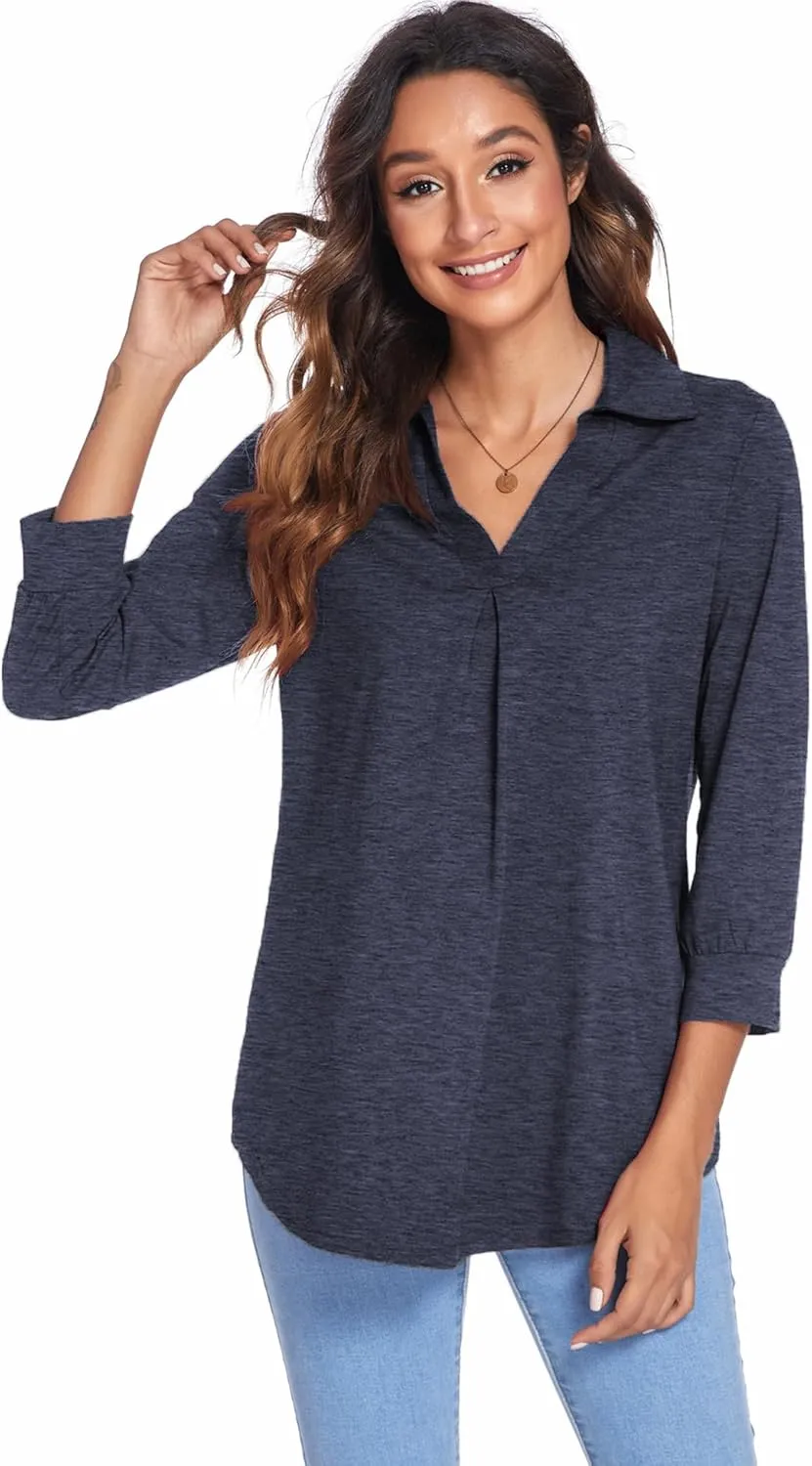 Newchoice Womens Collared V Neck 3/4 Sleeve Shirts Business Casual Tops Loose Work Blouses (S-3XL)