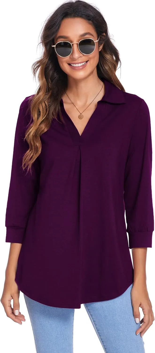 Newchoice Womens Collared V Neck 3/4 Sleeve Shirts Business Casual Tops Loose Work Blouses (S-3XL)