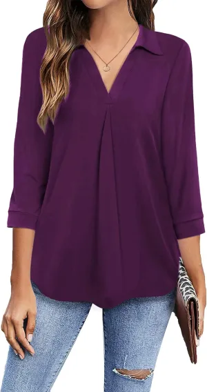 Newchoice Womens Collared V Neck 3/4 Sleeve Shirts Business Casual Tops Loose Work Blouses (S-3XL)
