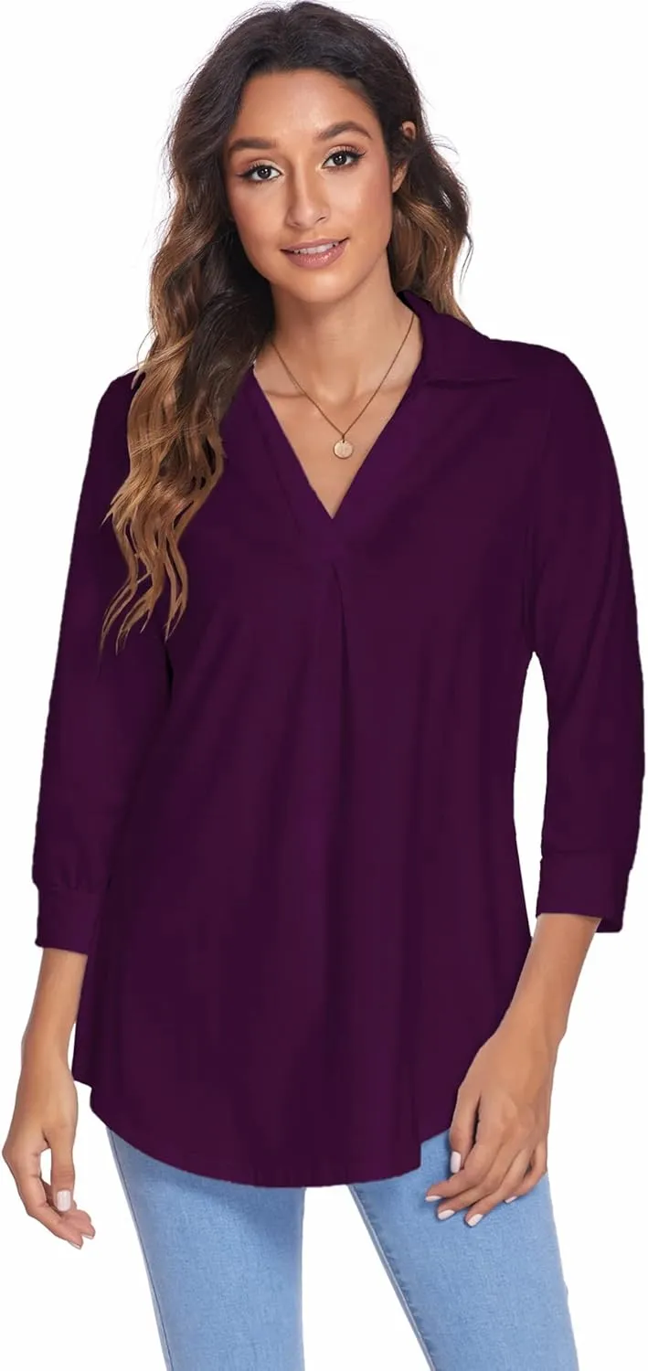 Newchoice Womens Collared V Neck 3/4 Sleeve Shirts Business Casual Tops Loose Work Blouses (S-3XL)