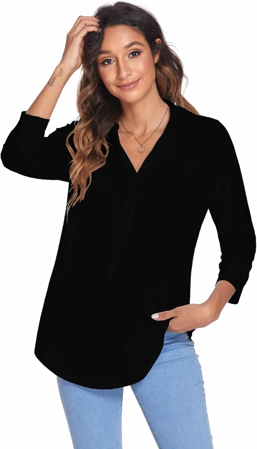 Newchoice Womens Collared V Neck 3/4 Sleeve Shirts Business Casual Tops Loose Work Blouses (S-3XL)