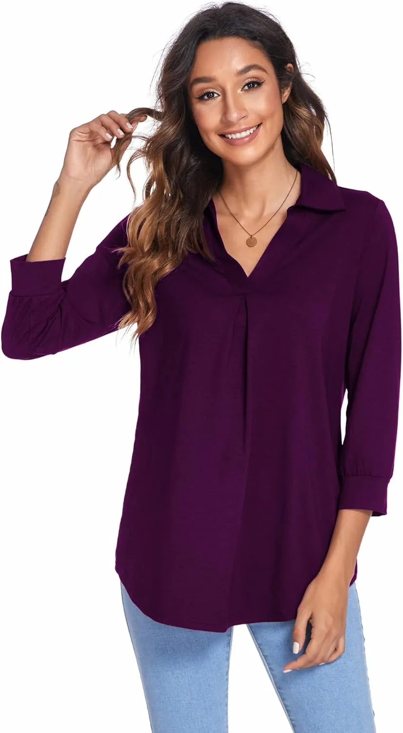 Newchoice Womens Collared V Neck 3/4 Sleeve Shirts Business Casual Tops Loose Work Blouses (S-3XL)