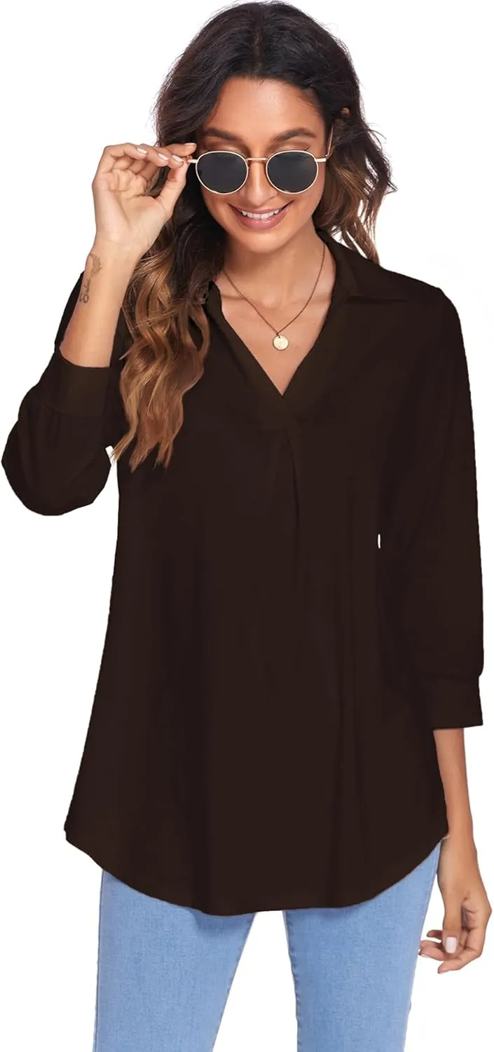 Newchoice Womens Collared V Neck 3/4 Sleeve Shirts Business Casual Tops Loose Work Blouses (S-3XL)
