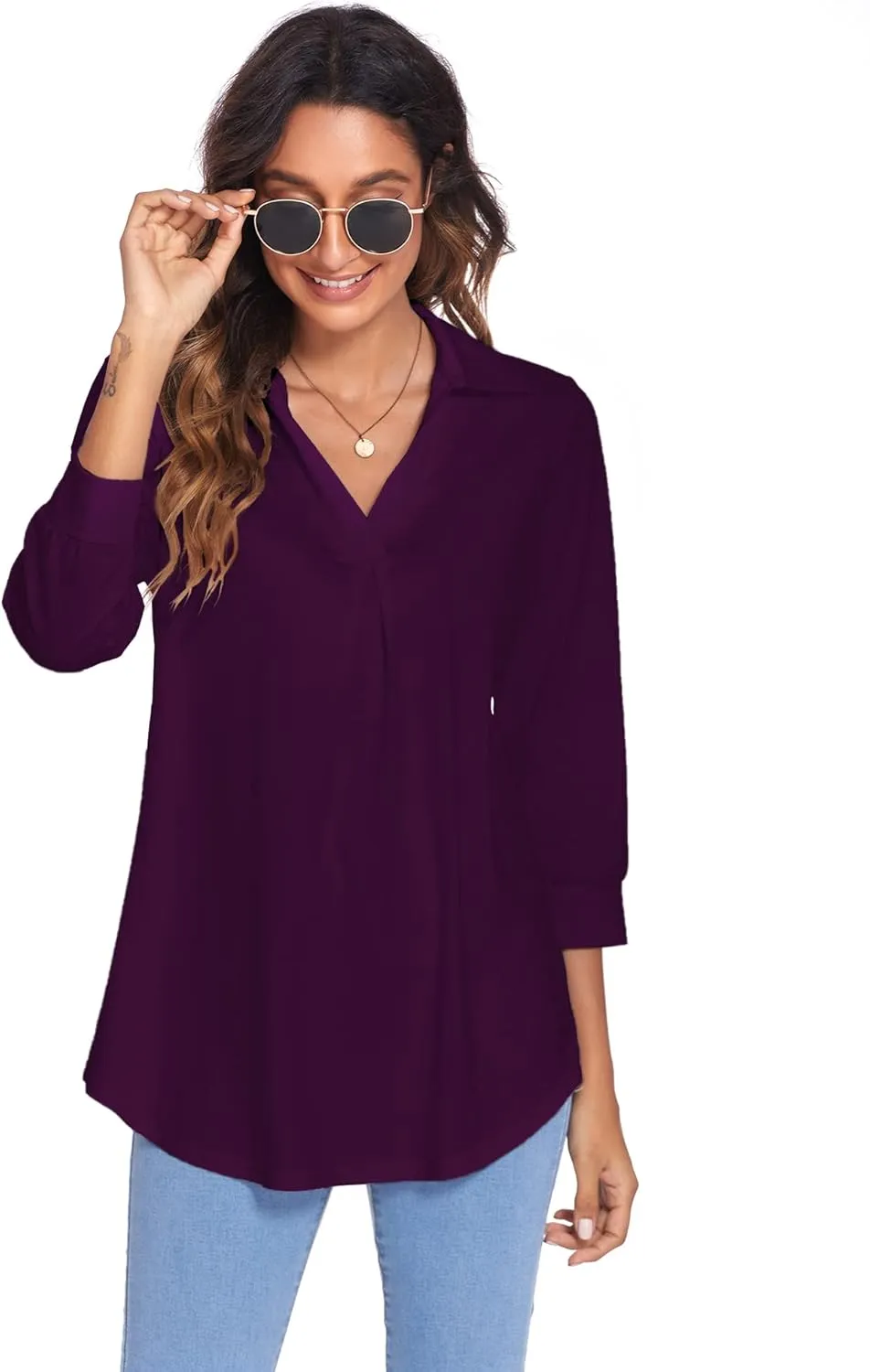 Newchoice Womens Collared V Neck 3/4 Sleeve Shirts Business Casual Tops Loose Work Blouses (S-3XL)