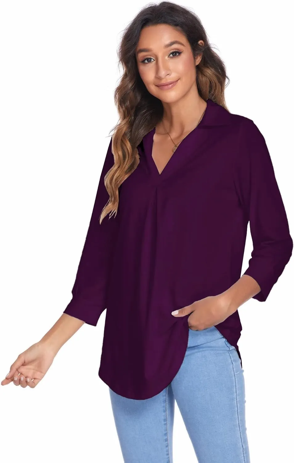 Newchoice Womens Collared V Neck 3/4 Sleeve Shirts Business Casual Tops Loose Work Blouses (S-3XL)