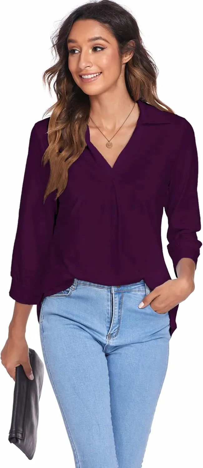 Newchoice Womens Collared V Neck 3/4 Sleeve Shirts Business Casual Tops Loose Work Blouses (S-3XL)
