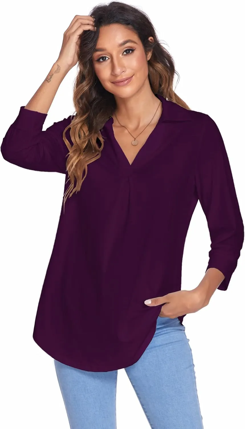 Newchoice Womens Collared V Neck 3/4 Sleeve Shirts Business Casual Tops Loose Work Blouses (S-3XL)