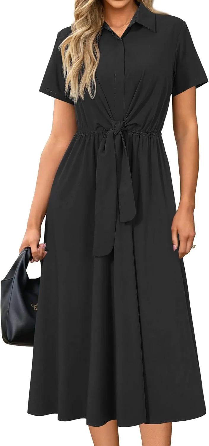 Newshows Womens Wear to Work Long Dresses Tie Waist Shirt Dress Business Casual Outfits Office Attire with Pockets