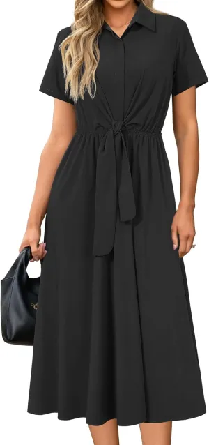 Newshows Womens Wear to Work Long Dresses Tie Waist Shirt Dress Business Casual Outfits Office Attire with Pockets