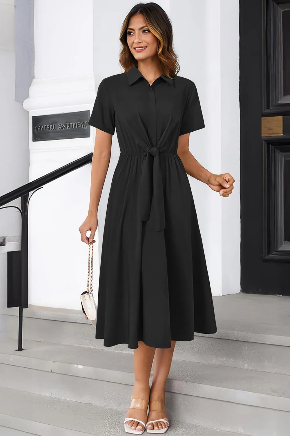 Newshows Womens Wear to Work Long Dresses Tie Waist Shirt Dress Business Casual Outfits Office Attire with Pockets