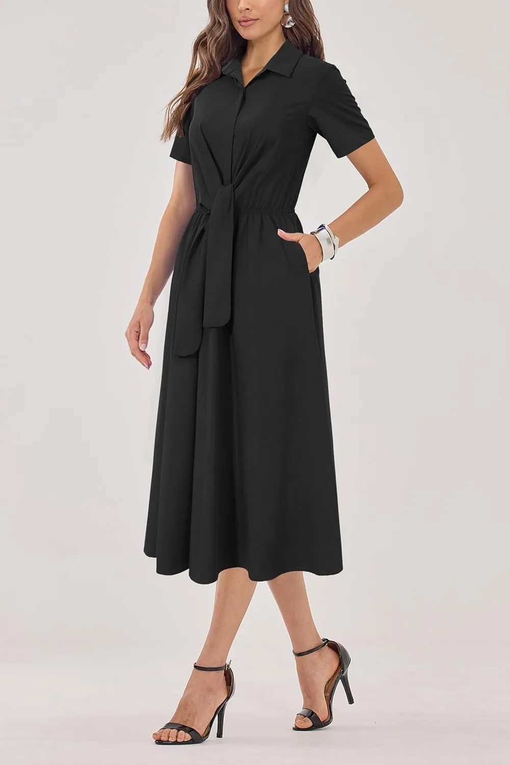 Newshows Womens Wear to Work Long Dresses Tie Waist Shirt Dress Business Casual Outfits Office Attire with Pockets