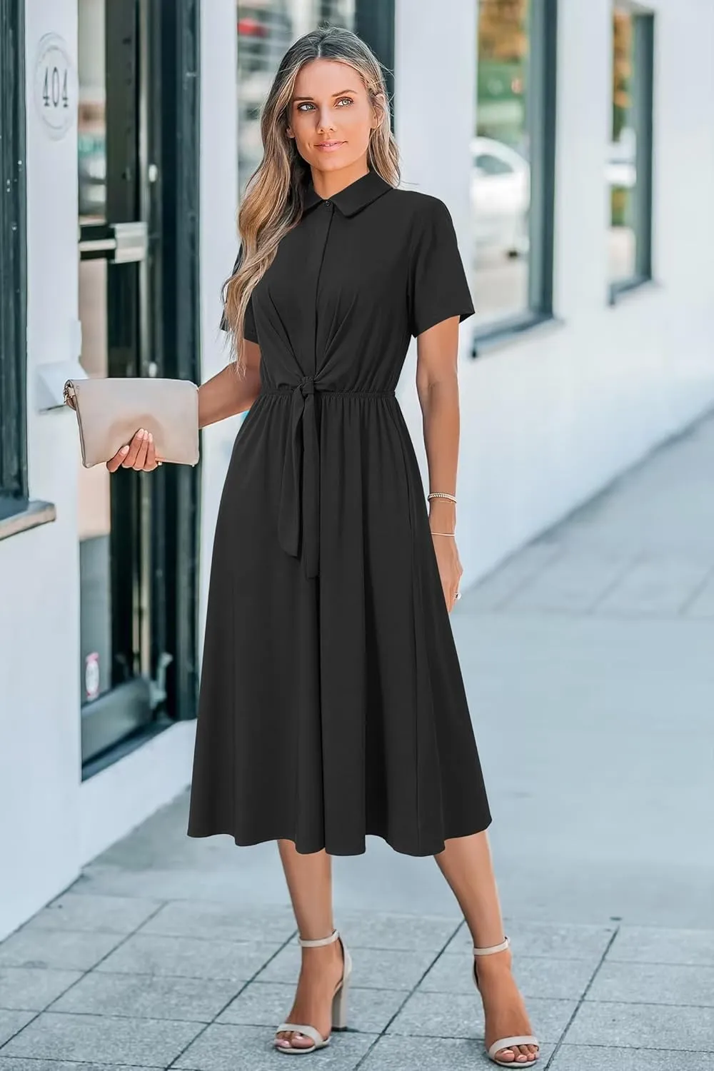 Newshows Womens Wear to Work Long Dresses Tie Waist Shirt Dress Business Casual Outfits Office Attire with Pockets