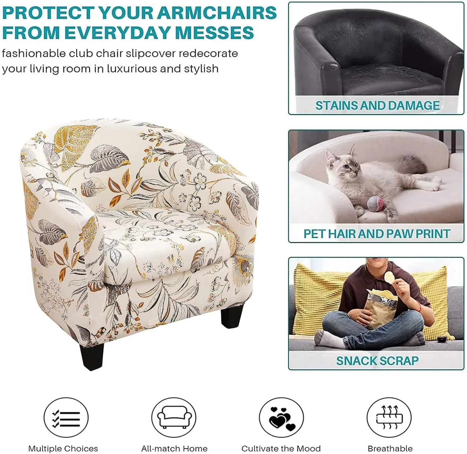NILUOH Club Chair Slipcover 2 Piece Stretch Barrel Chair Covers Printed Tub Chair Slipcovers Soft Accent Armchair Sofa Protector for Living Room（Flowers 1）
