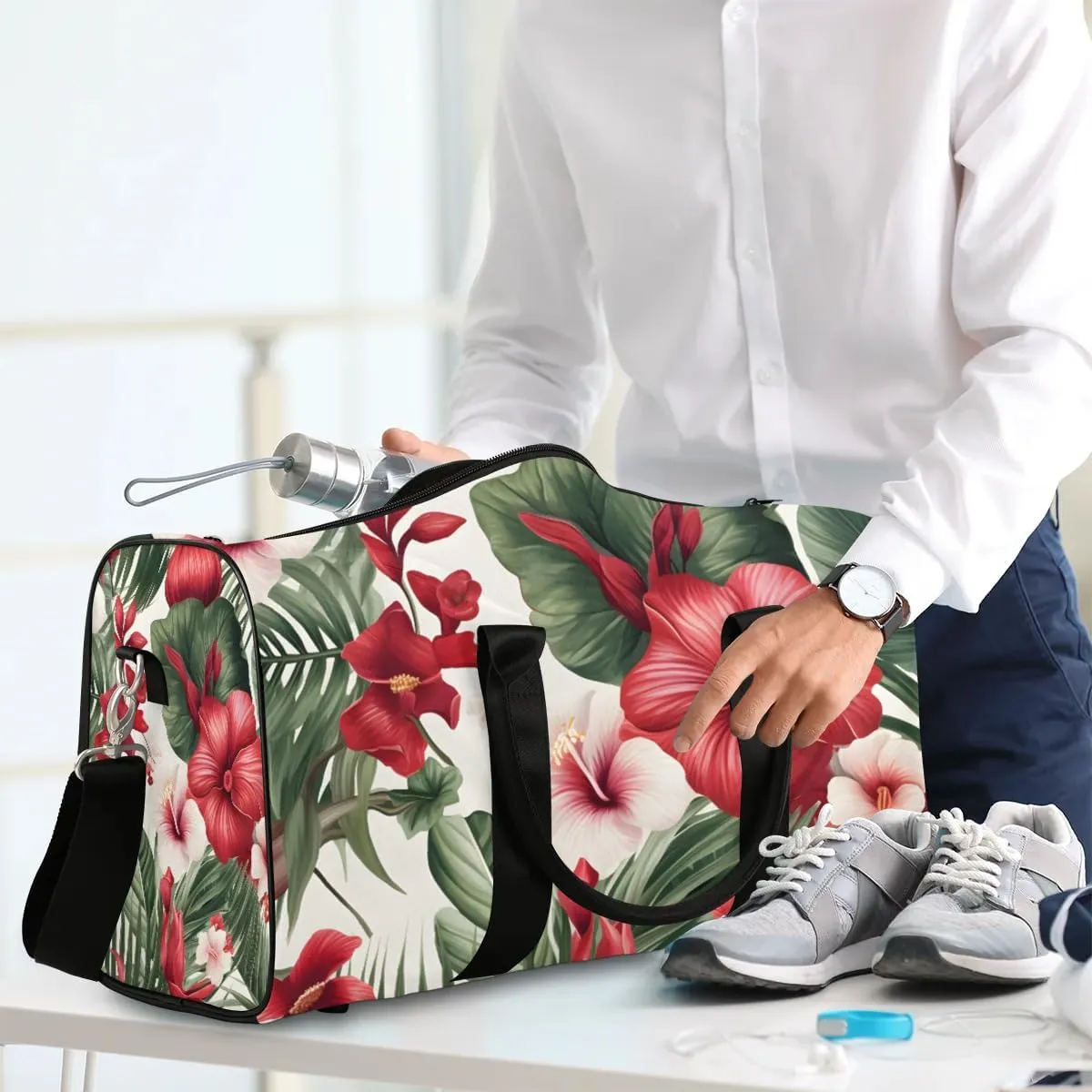 Ocean Beach Palm Tree Flower Travel Duffel Bag for Women Men Waterproof Foldable Overnight Weekender Bag Large Capacity Sports Gym Bag