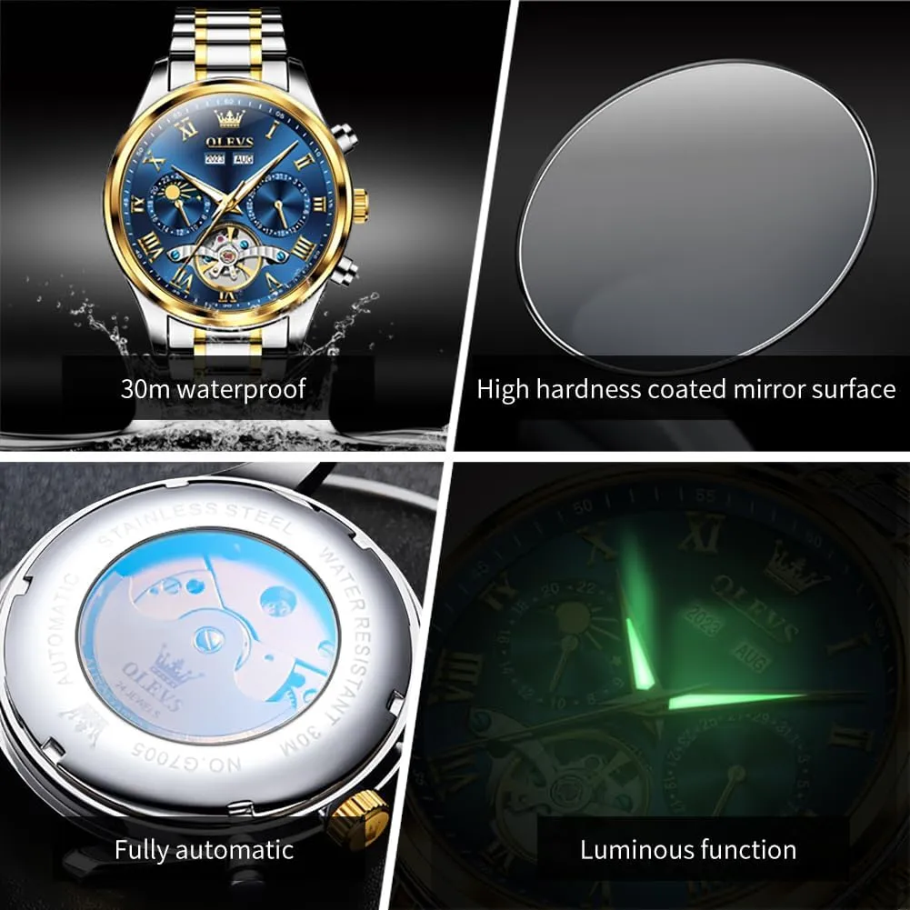 OLEVS Automatic Men Watch Self Winding Mechanical Moon Phase Business Luxury Diamond Dress Stainless Steel Waterproof Luminous Mens Wrist Watch