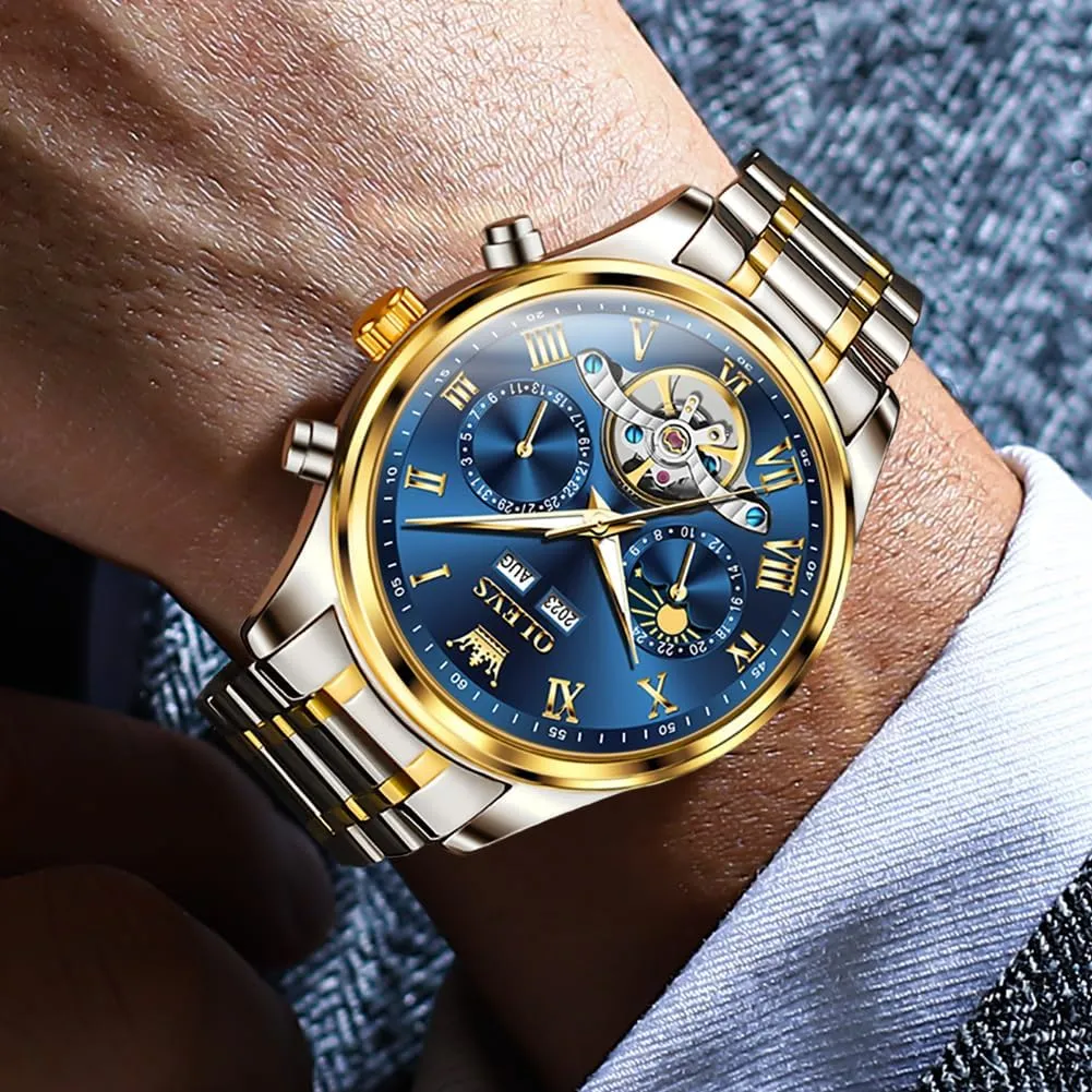 OLEVS Automatic Men Watch Self Winding Mechanical Moon Phase Business Luxury Diamond Dress Stainless Steel Waterproof Luminous Mens Wrist Watch