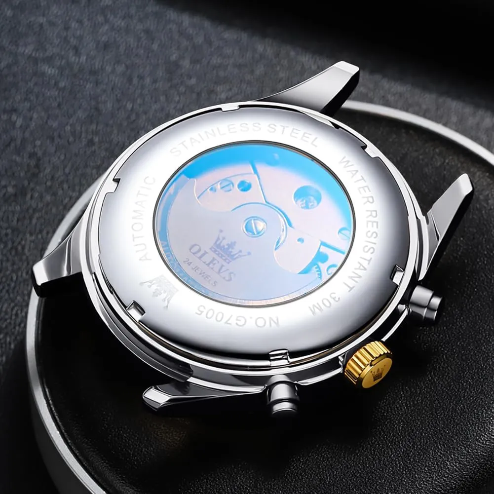 OLEVS Automatic Men Watch Self Winding Mechanical Moon Phase Business Luxury Diamond Dress Stainless Steel Waterproof Luminous Mens Wrist Watch
