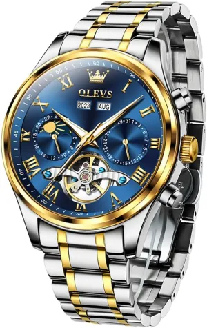 OLEVS Automatic Men Watch Self Winding Mechanical Moon Phase Business Luxury Diamond Dress Stainless Steel Waterproof Luminous Mens Wrist Watch