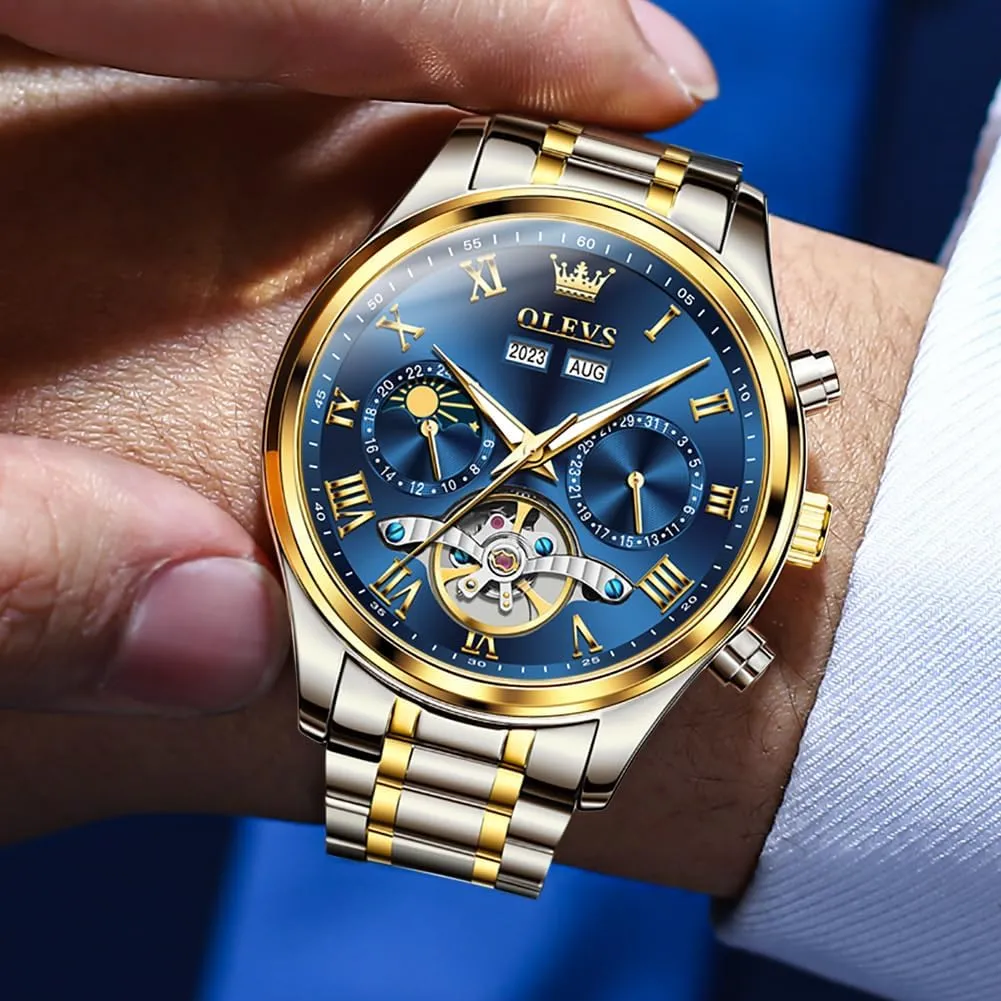OLEVS Automatic Men Watch Self Winding Mechanical Moon Phase Business Luxury Diamond Dress Stainless Steel Waterproof Luminous Mens Wrist Watch