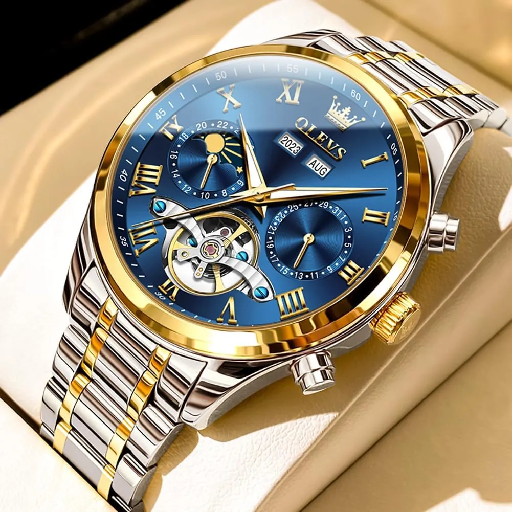 OLEVS Automatic Men Watch Self Winding Mechanical Moon Phase Business Luxury Diamond Dress Stainless Steel Waterproof Luminous Mens Wrist Watch