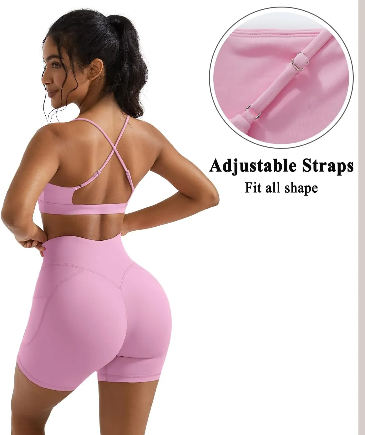 OMKAGI 2 Piece Workout Sets for Women Open Back Padded Sports Bras Booty Shorts with Pockets Gym Outfits