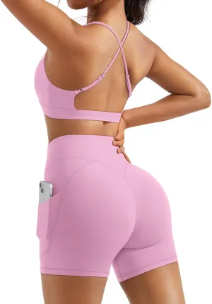 OMKAGI 2 Piece Workout Sets for Women Open Back Padded Sports Bras Booty Shorts with Pockets Gym Outfits