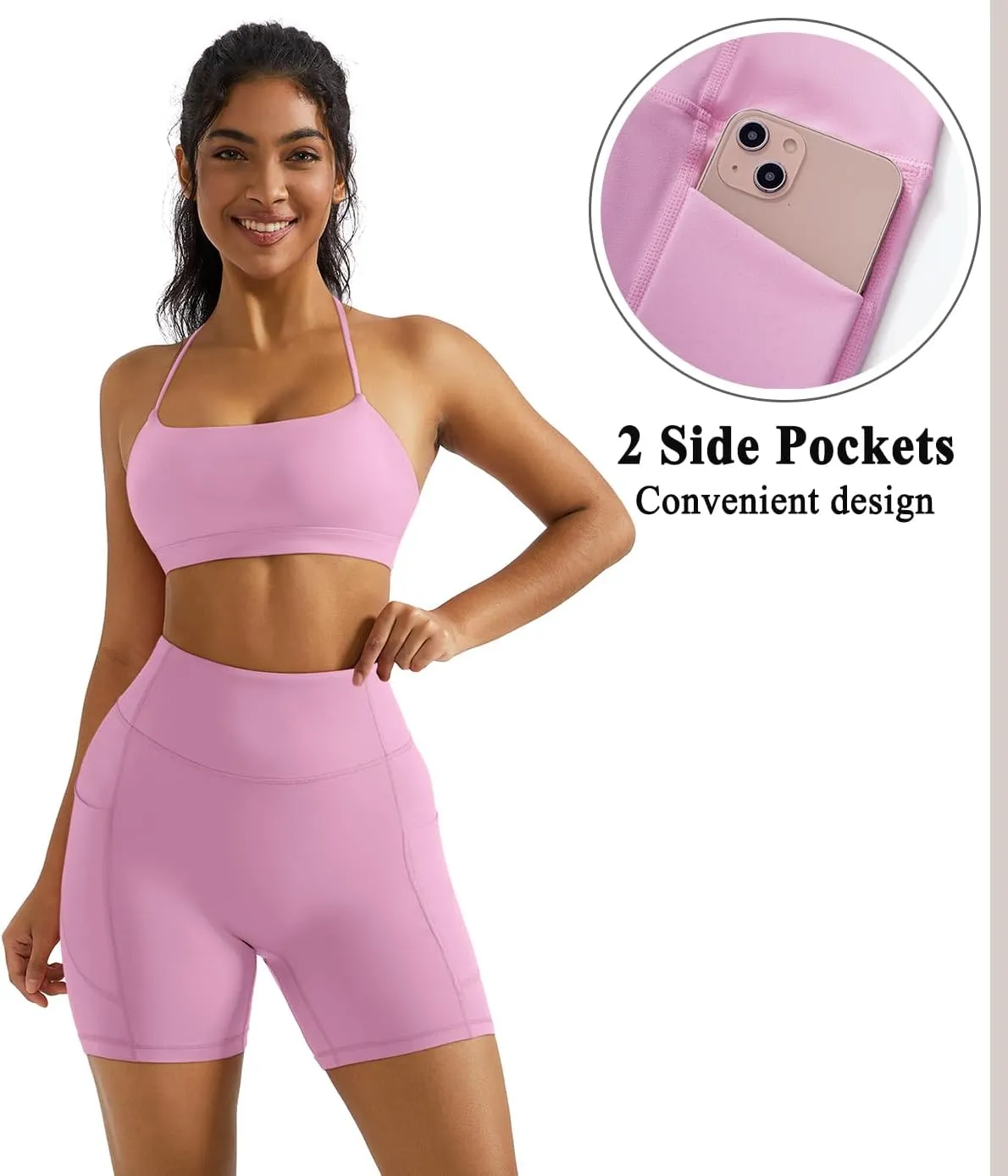 OMKAGI 2 Piece Workout Sets for Women Open Back Padded Sports Bras Booty Shorts with Pockets Gym Outfits